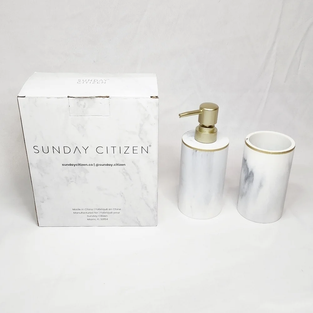Sunday Citizen Resin Faux Marble Soap Dispenser & Toothbrush Cup/Holder Bath Set